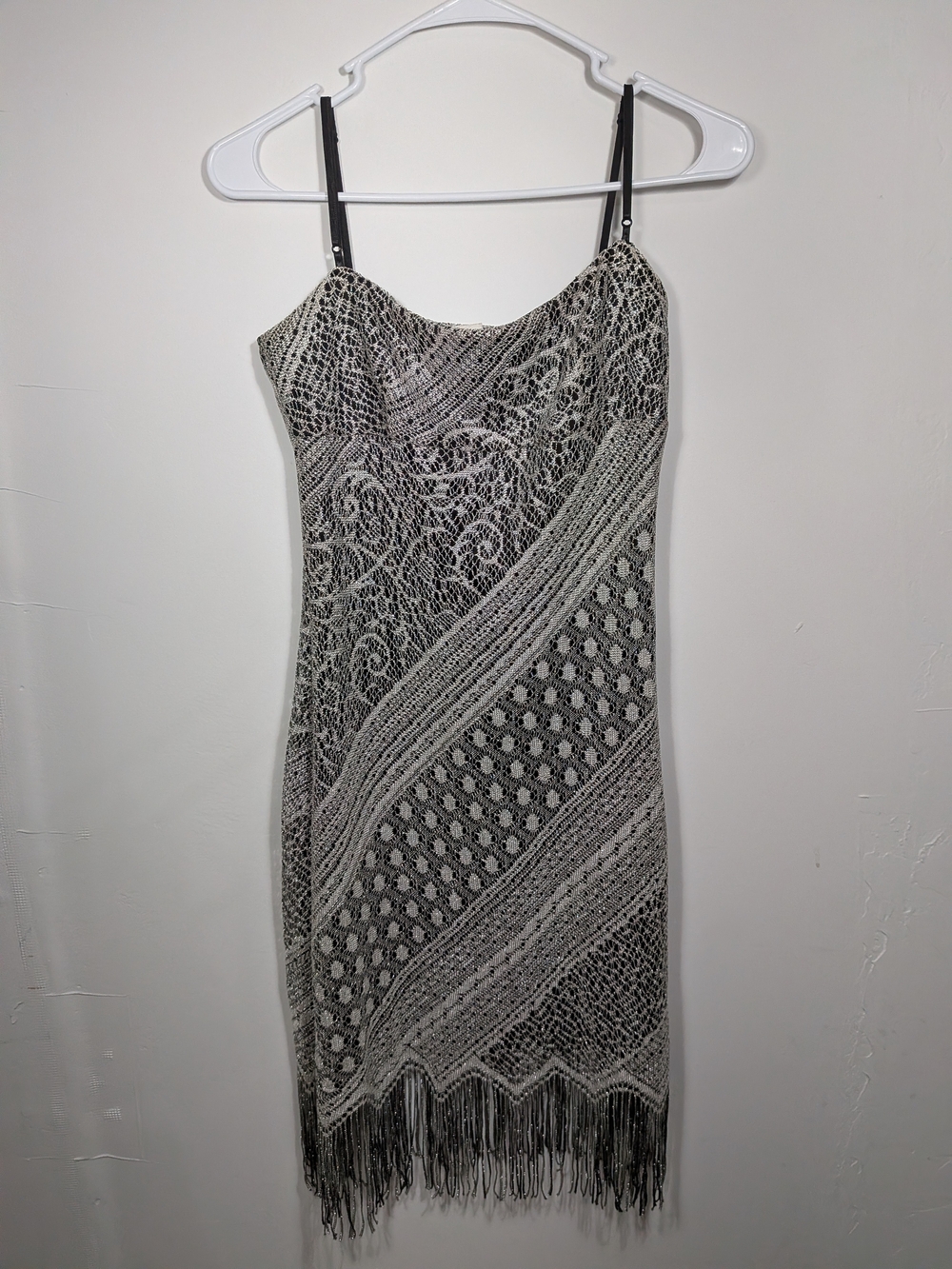 Vintage Y2K City Triangles Metallic  Black/Silver Geometric Fringe Dress M